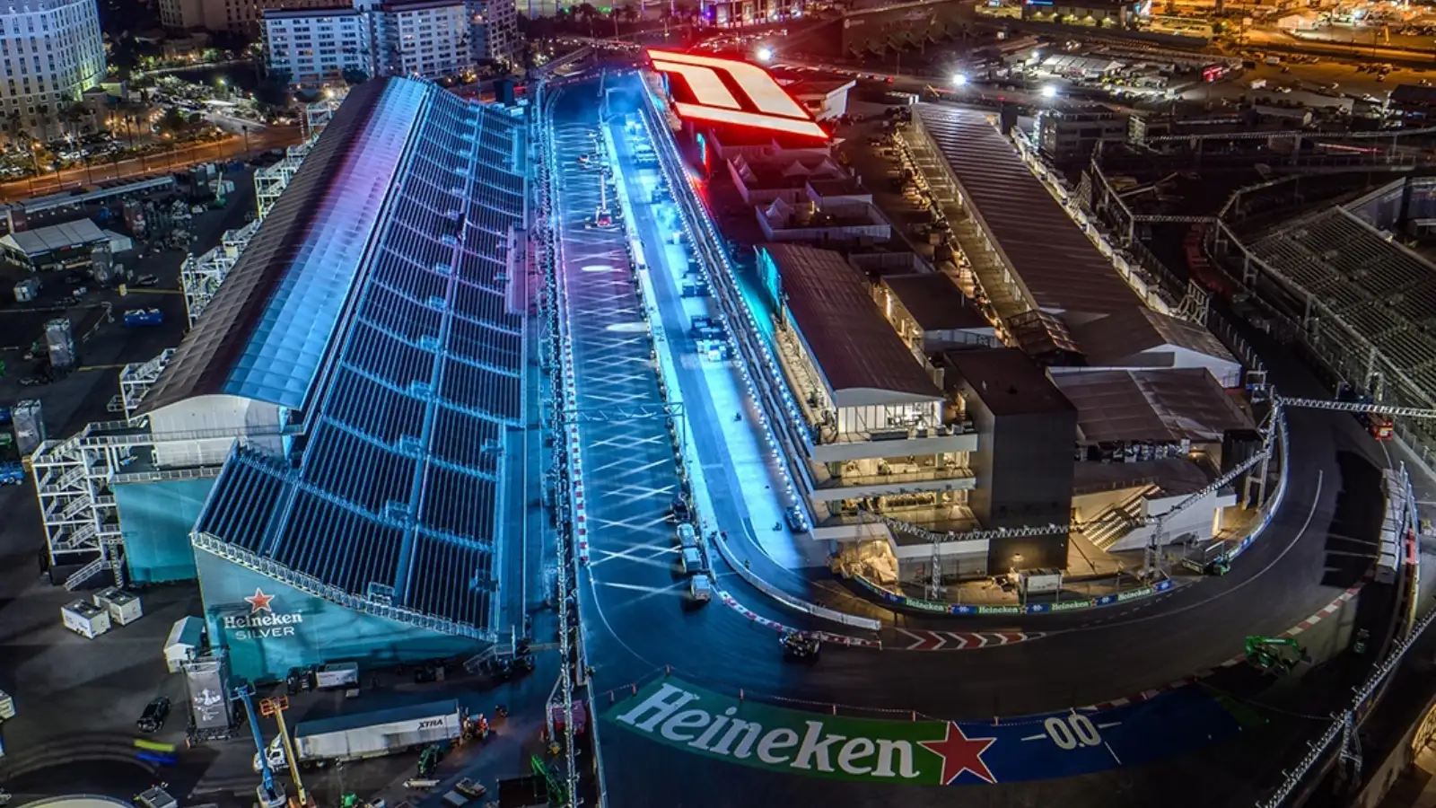 F1 Las Vegas Grand Prix: FOX5 drone gives a look at pit building, track  ahead of race