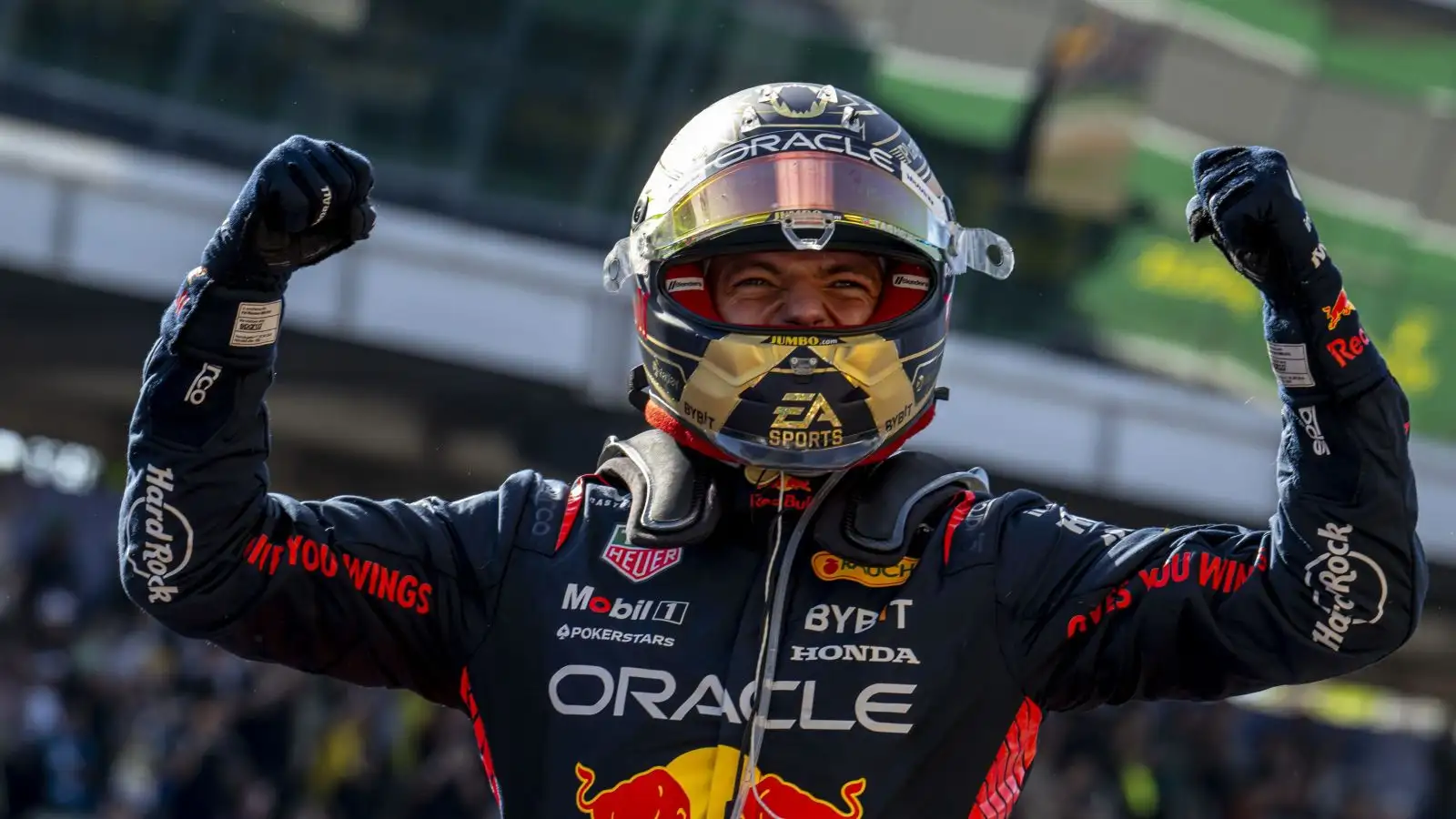 Max Verstappen celebrates after winning the 2023 Brazilian Grand Prix.