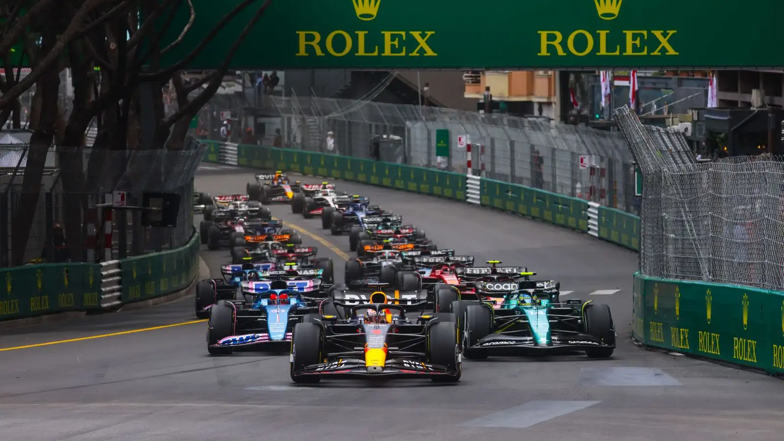 Max Verstappen leads the field at the start of the F1 2023 Monaco Grand Prix.