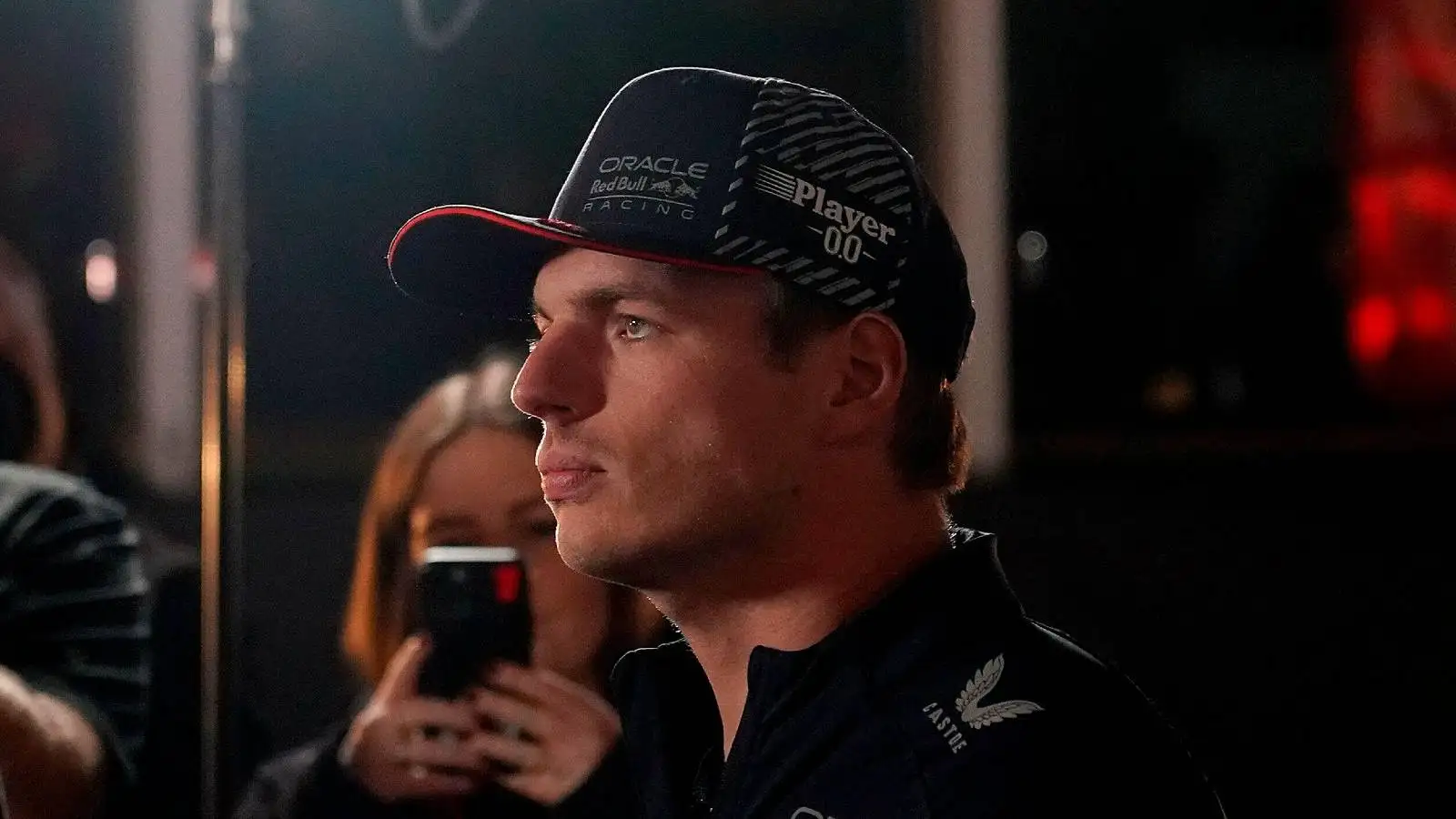 Red Bull driver Max Verstappen looks serious as he talks to media in Las Vegas.