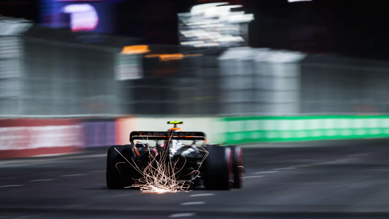 McLaren's Lando Norris drives down the Strip at the Las Vegas Grand Prix.