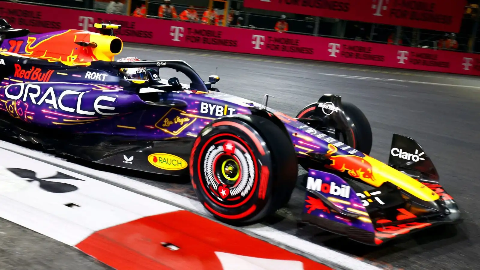 Red Bull driver Sergio Perez lapping the Las Vegas circuit.