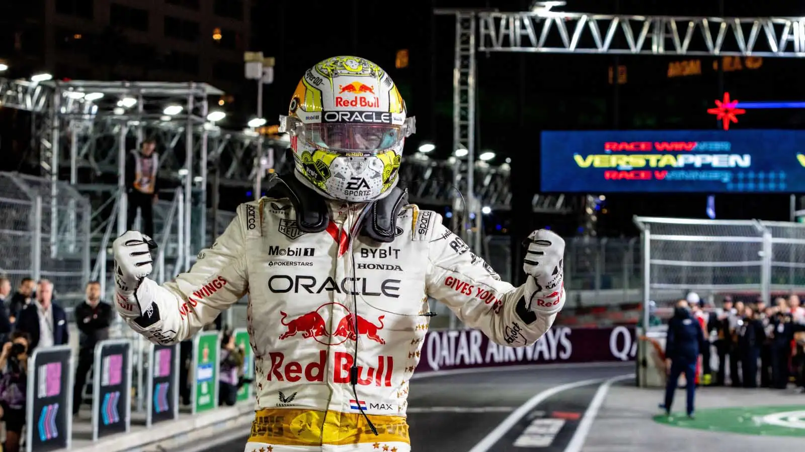 Max Verstappen celebrates victory in Las Vegas.