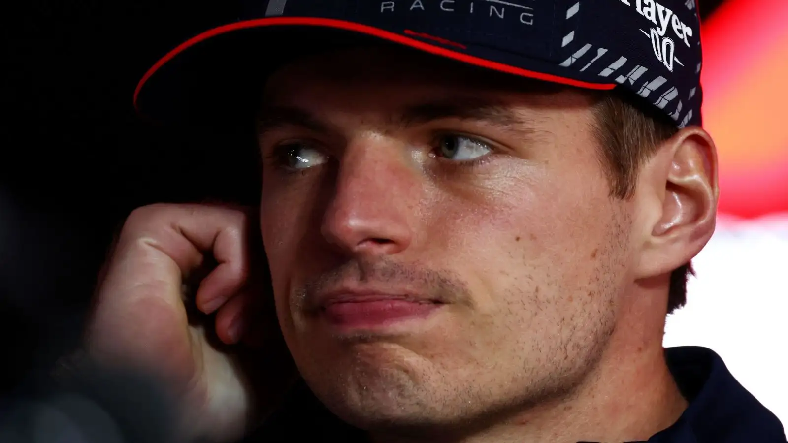 Red Bull driver Max Verstappen looks unimpressed at the 2023 Las Vegas Grand Prix.