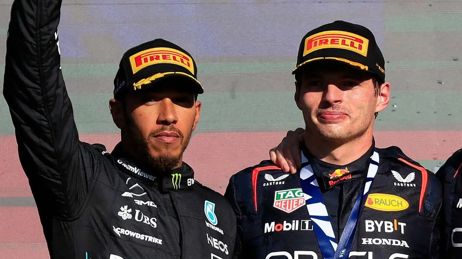 Lewis Hamilton and Max Verstappen on the podium in Mexico City.