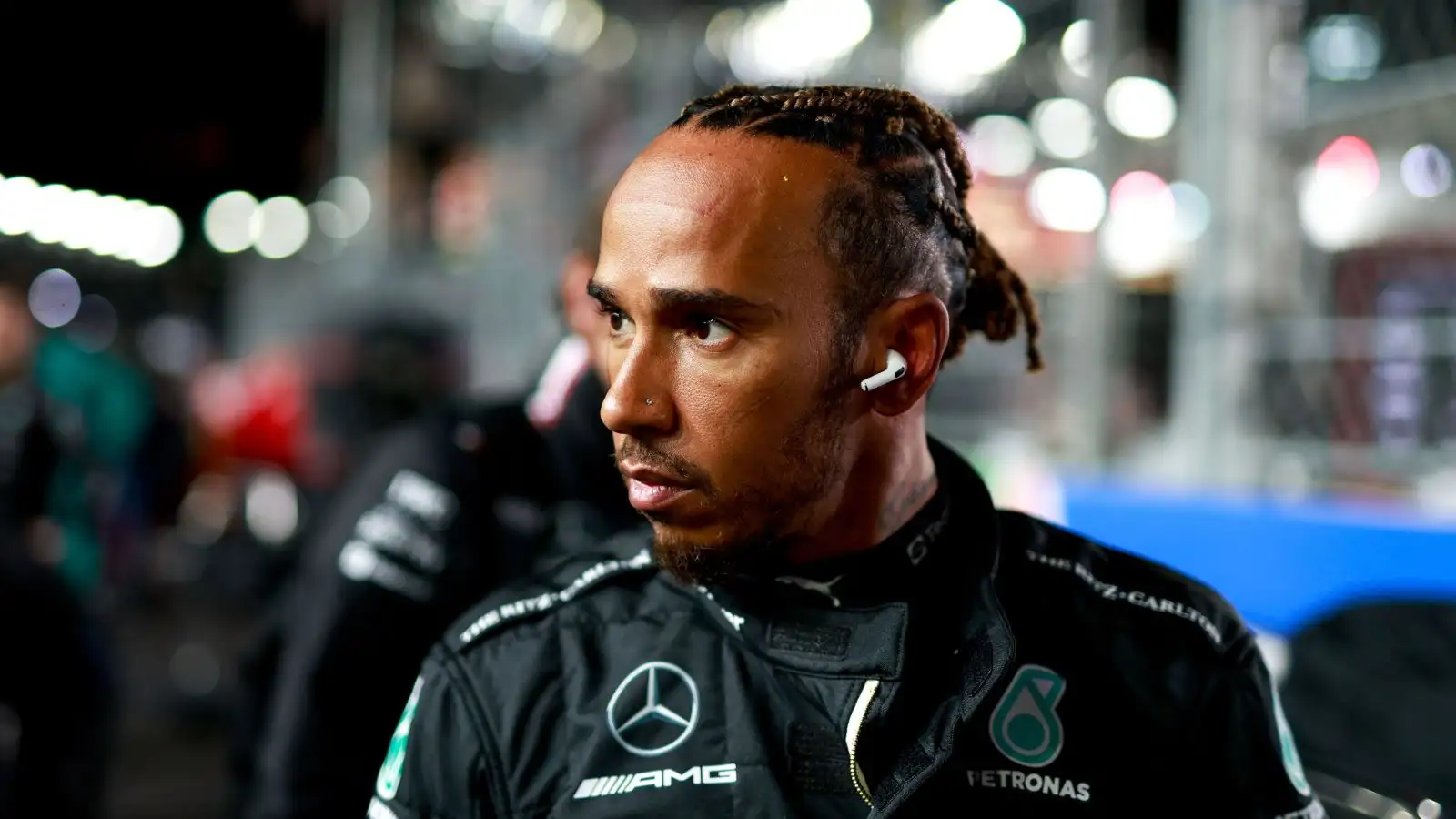 Mercedes driver Lewis Hamilton looking serious in Las Vegas.