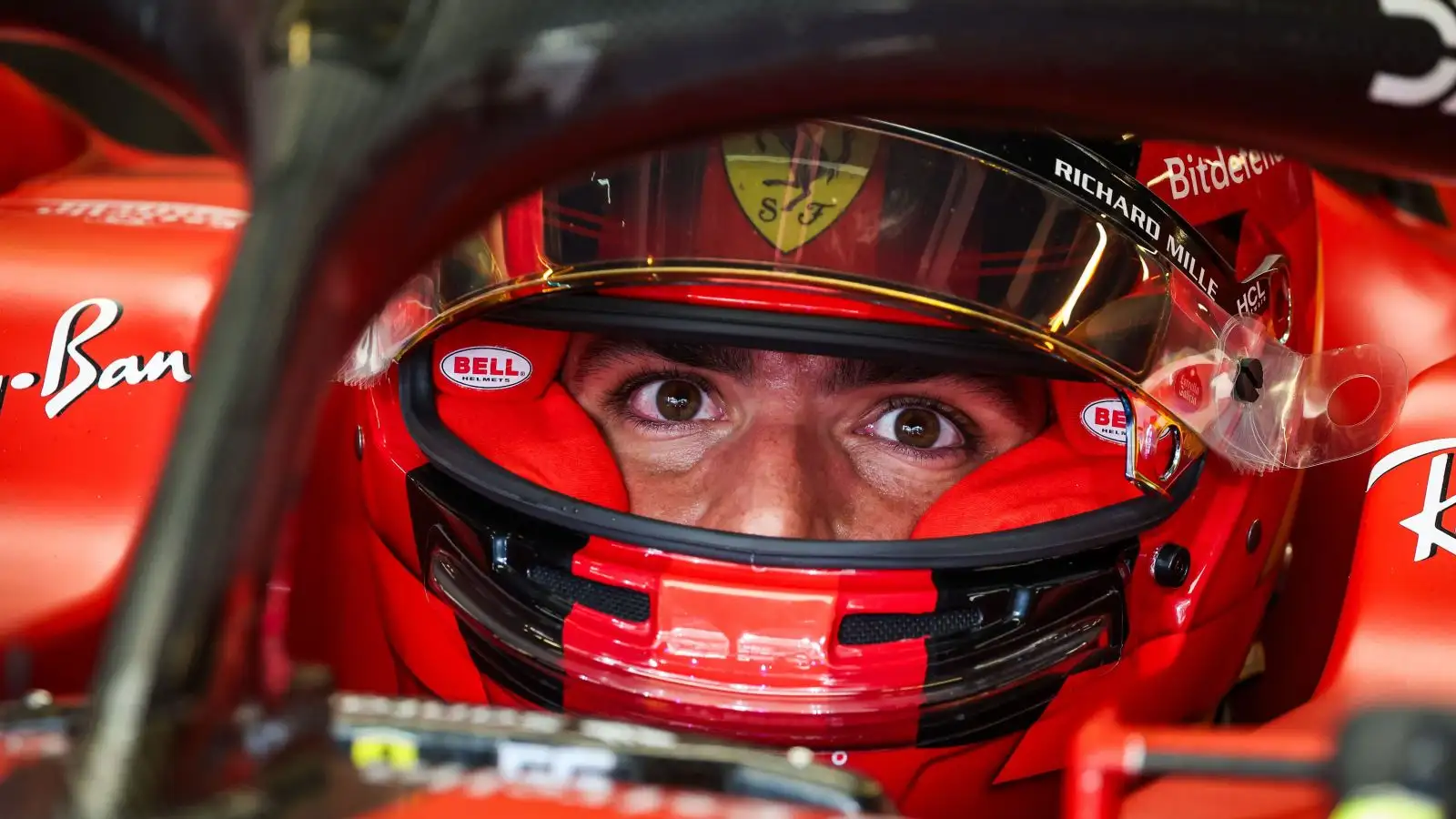 Carlos Sainz in the Ferrari garage at the 2023 Abu Dhabi Grand Prix.