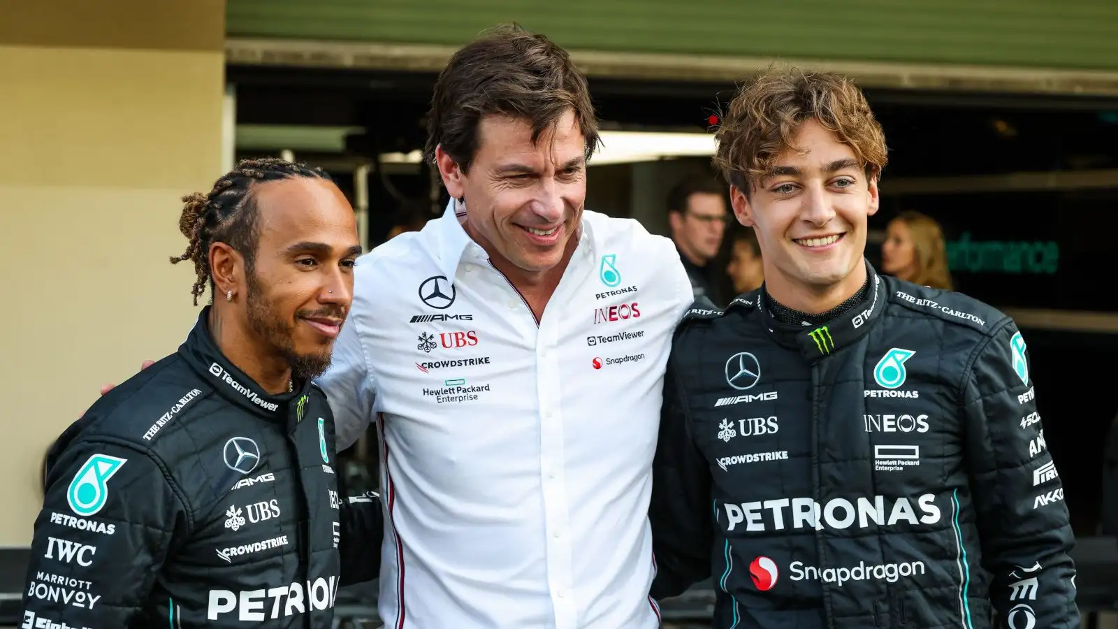 Mercedes team boss Toto Wolff with his 2023 drivers, Lewis Hamilton and George Russell.