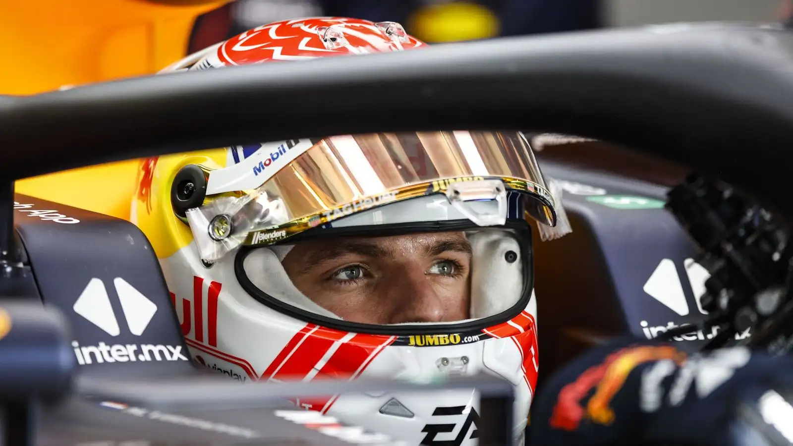Red Bull driver Max Verstappen in the garage at the 2023 Bahrain Grand Prix.