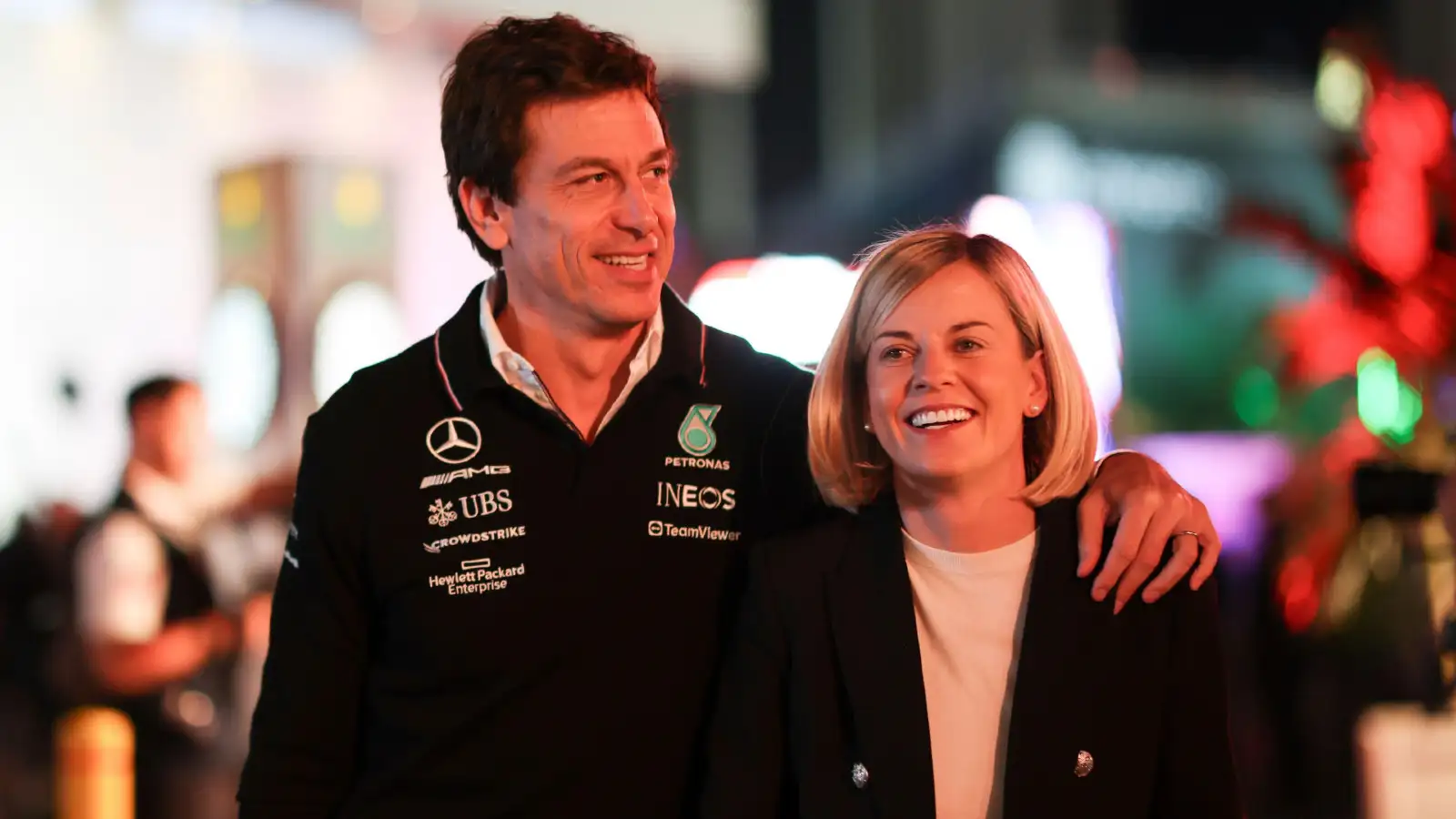 Mercedes' team boss Toto Wolff pictured with his wife, F1 Academy director Susie Wolff, in Las Vegas.