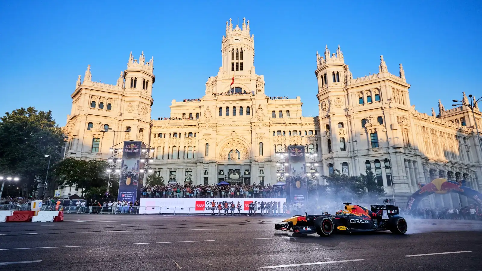 Sergio Perez performs during Red Bull Showrun in Madrid, Spain. Madrid Grand Prix