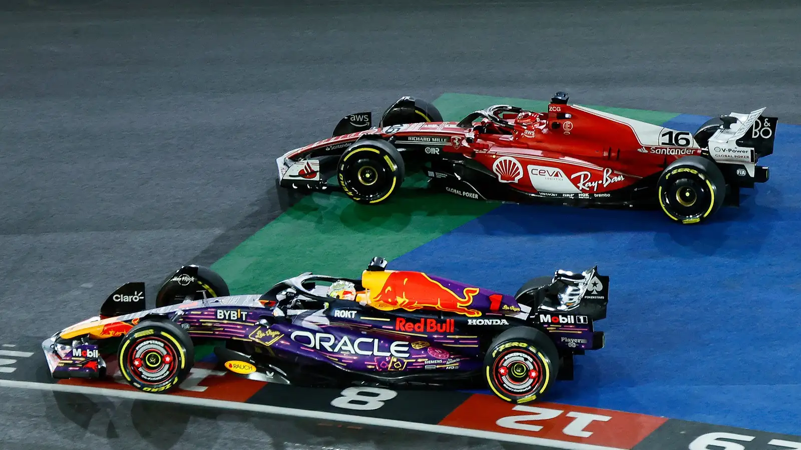 Max Verstappen and Charles Leclerc battle in Las Vegas.