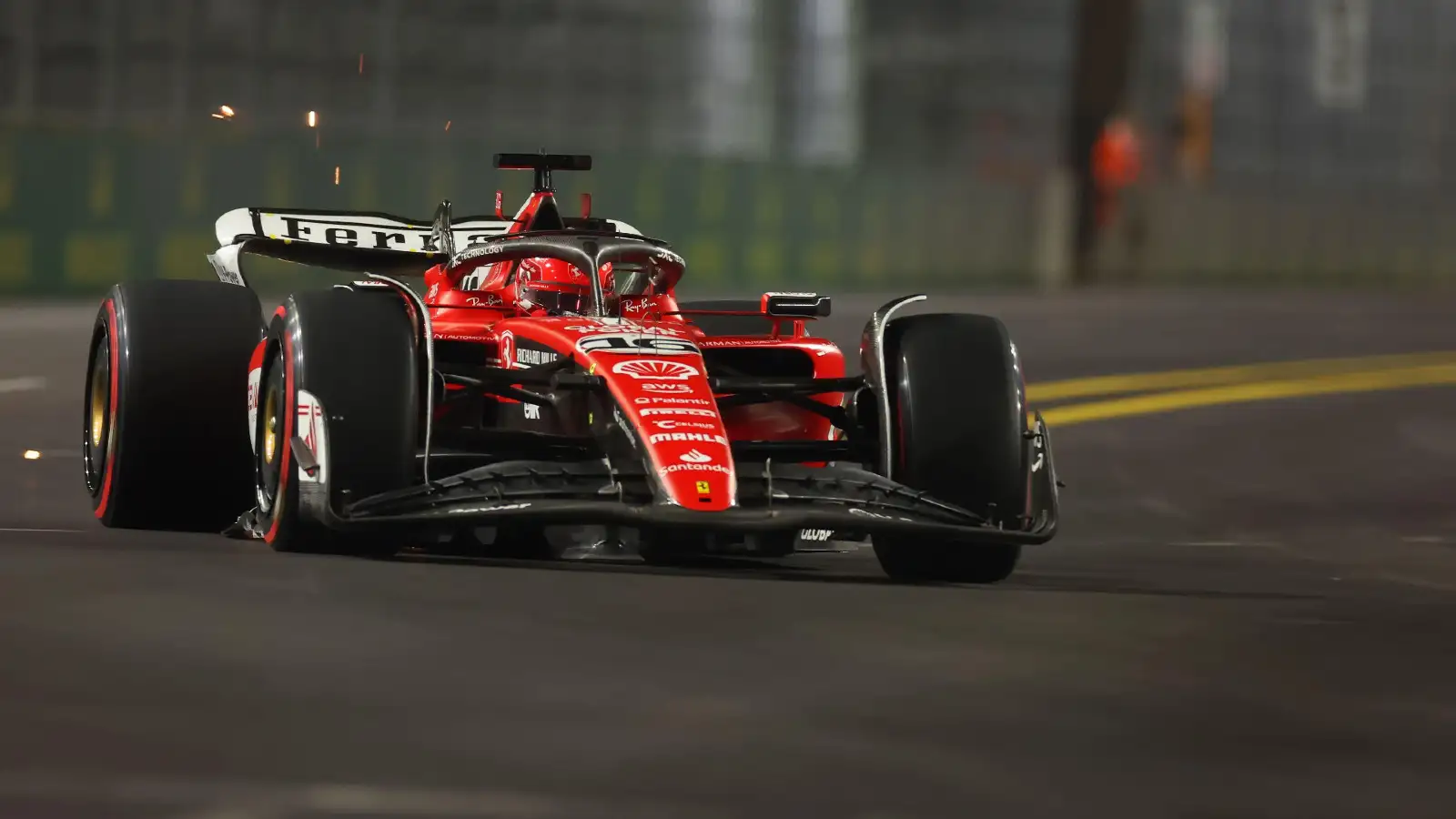 Charles Leclerc races his Ferrari in the Las Vegas Grand Prix.