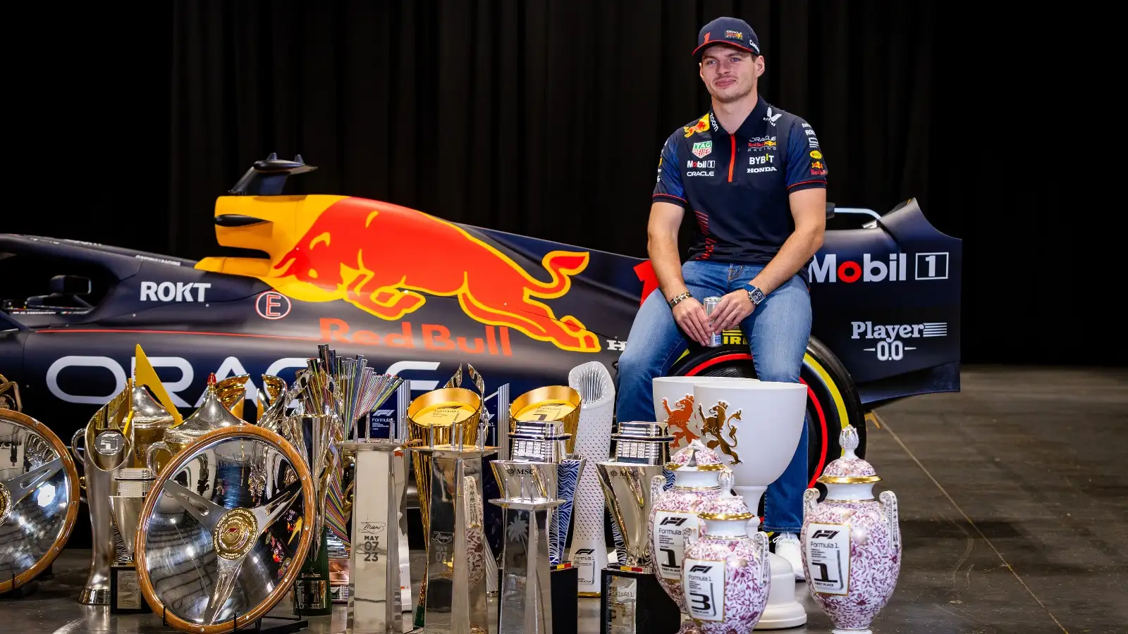Red Bull's Max Verstappen with his 2023 trophies.