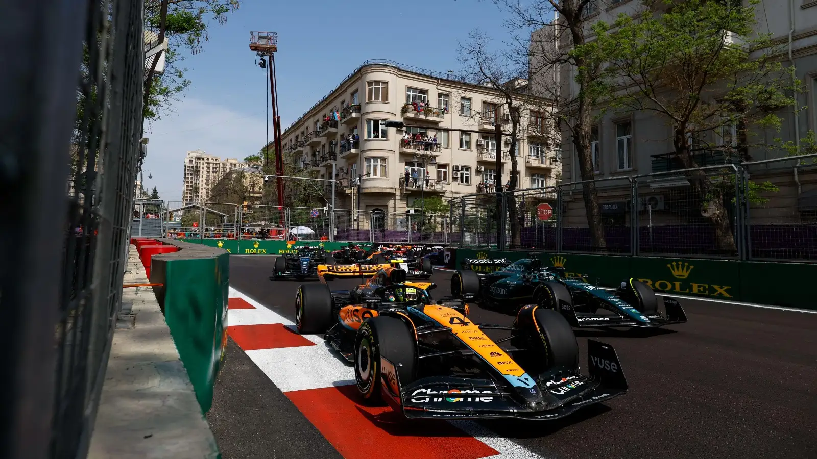 F1 cars compete during the Azerbaijan Grand Prix.