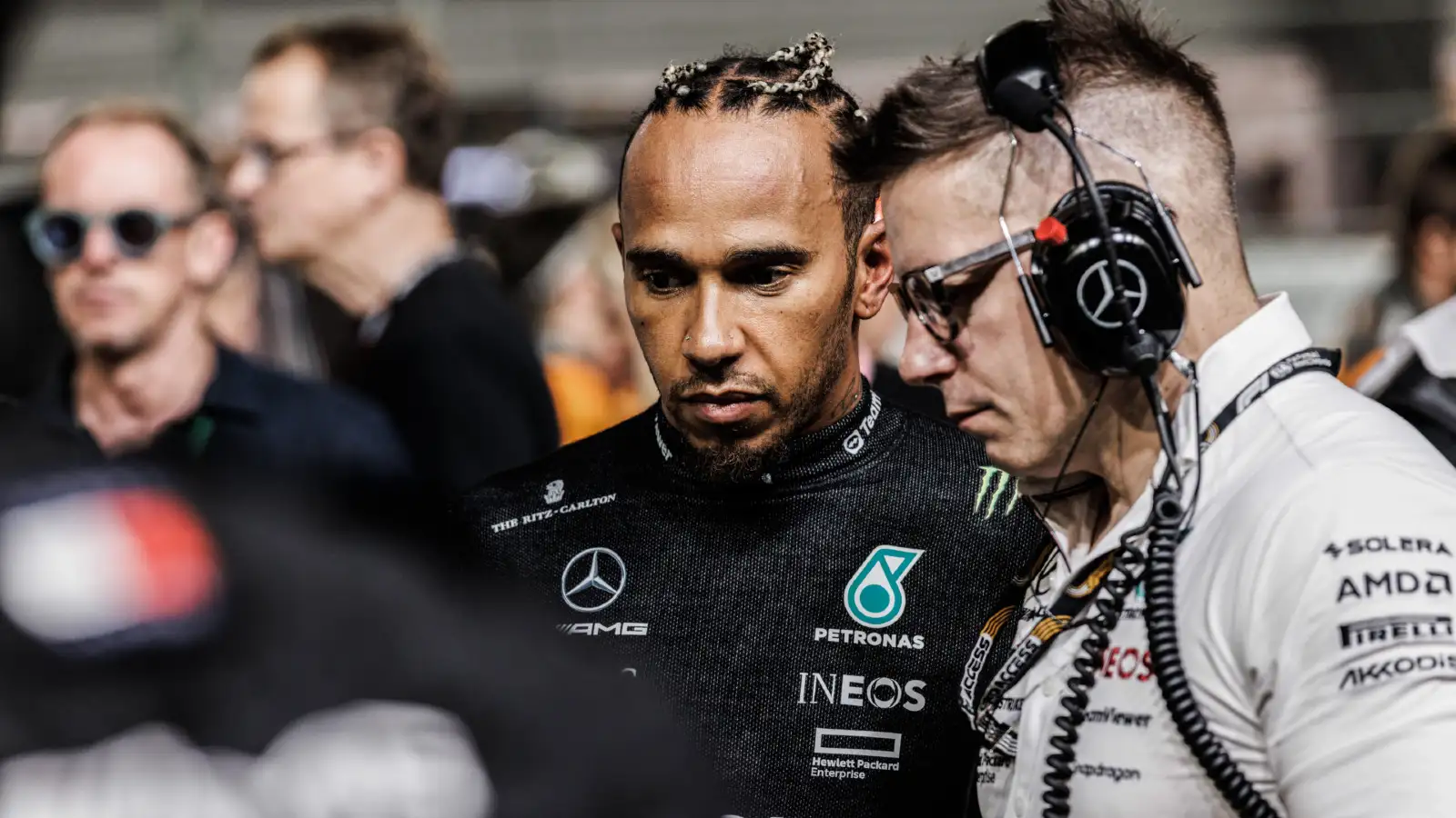 Lewis Hamilton speaks with race engineer Pete Bonnington at the Singapore Grand Prix.