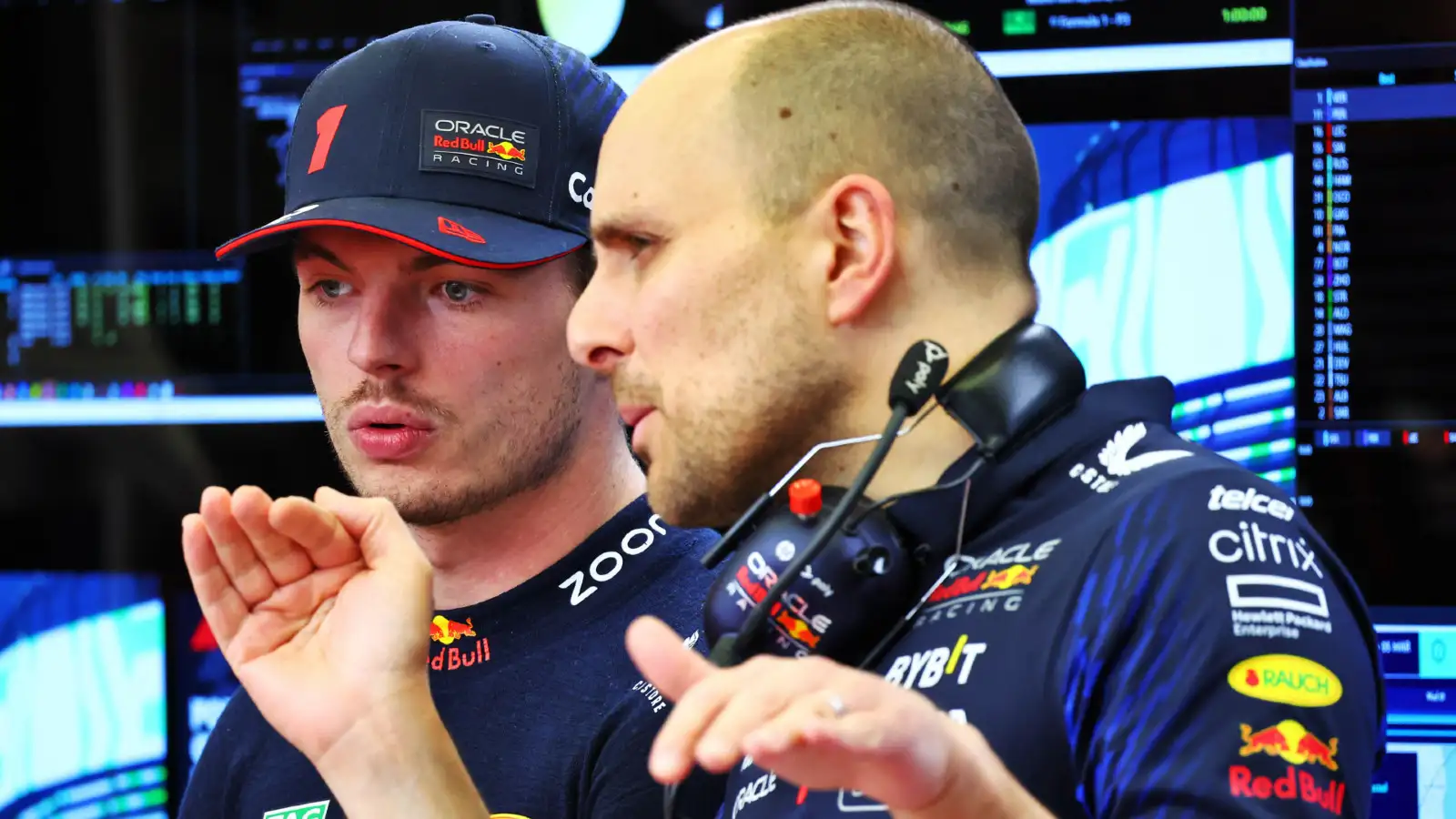 Gianpiero Lambiase, race engineer, chats with Max Verstappen at the Bahrain Grand Prix.