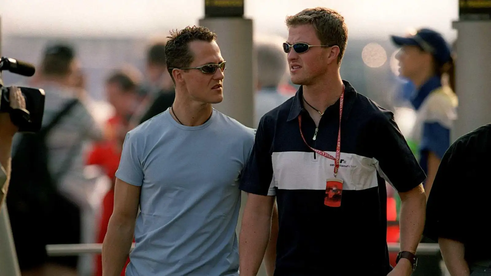 Michael and Ralf Schumacher in the F1 paddock at the 2001 German Grand Prix.