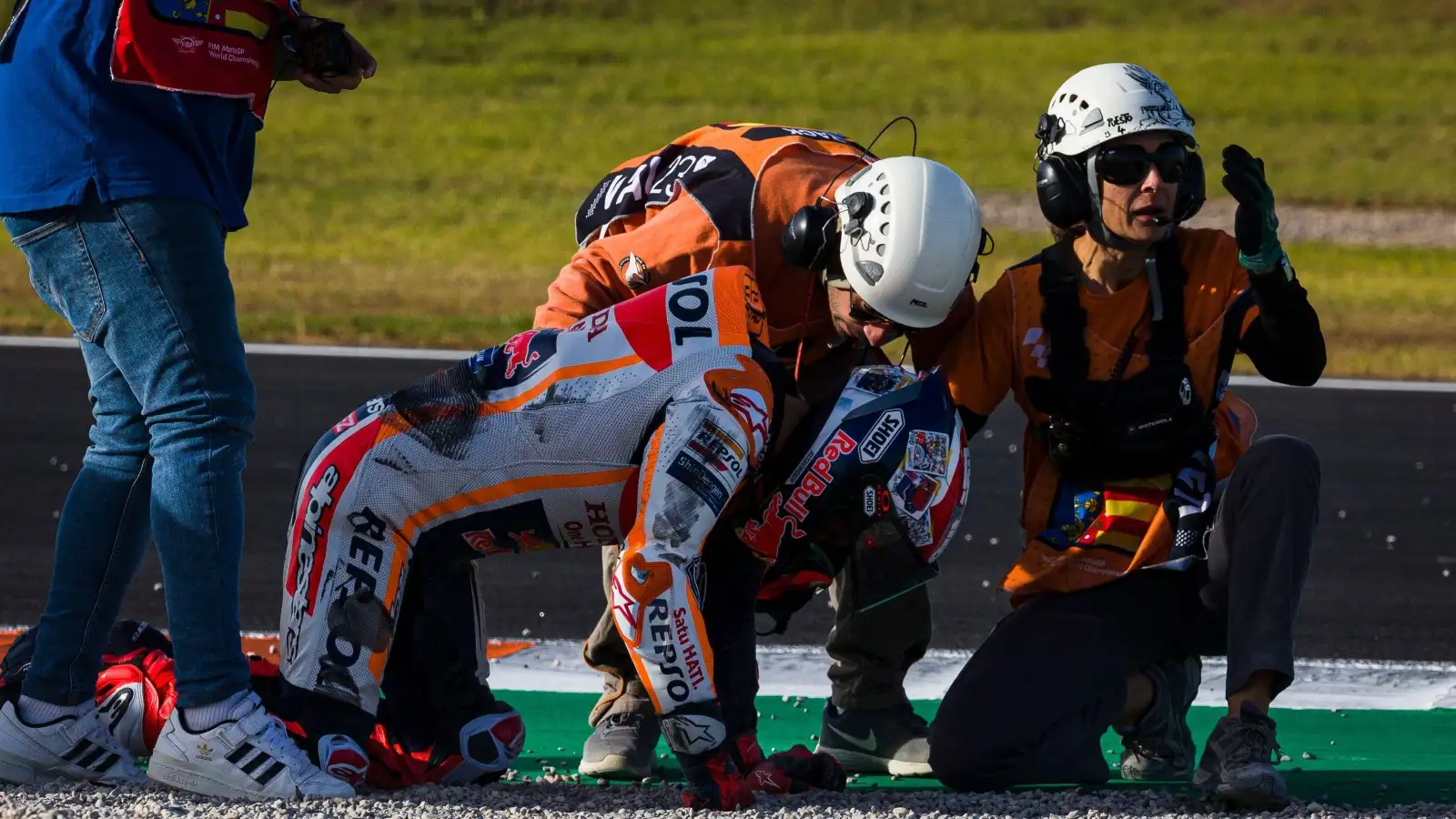Marc Marquez of the Repsol Honda Team in the gravel after and accident with Jorge Martin of the Prima Pramac Racing