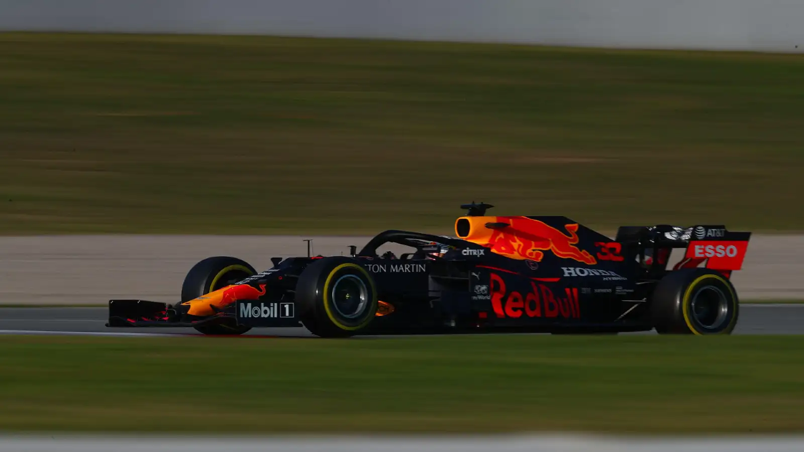 Max Verstappen tests the Red Bull RB16 in Barcelona.