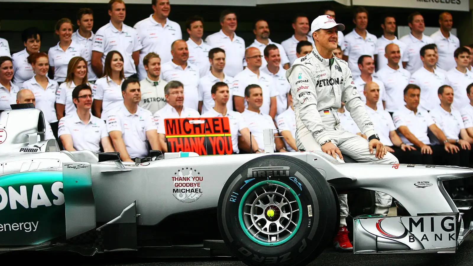 Michael Schumacher in front of the Mercedes team.