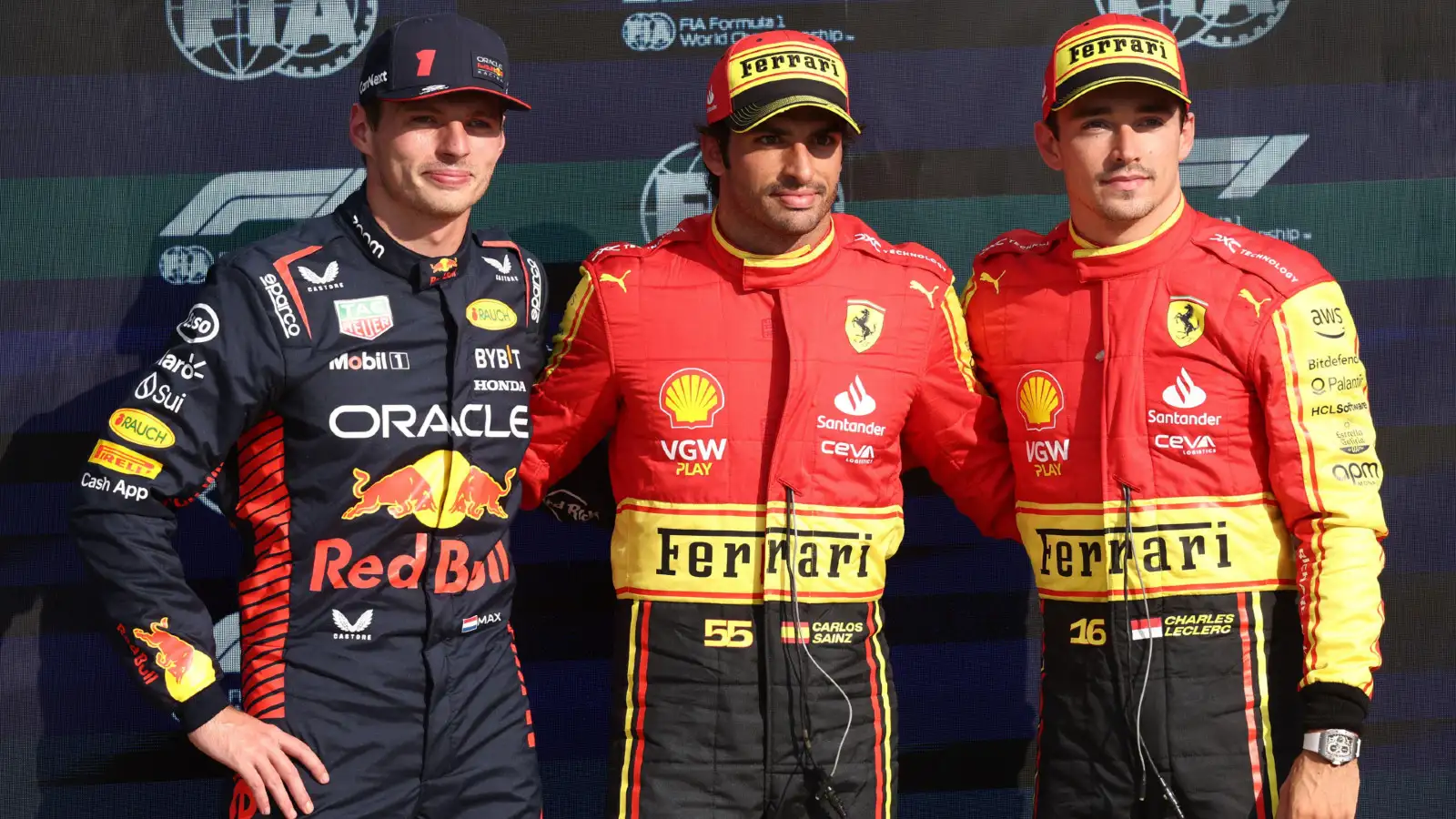 Charles Leclerc and Carlos Sainz pose with Max Verstappen after qualifying for the 2023 Italian Grand Prix.