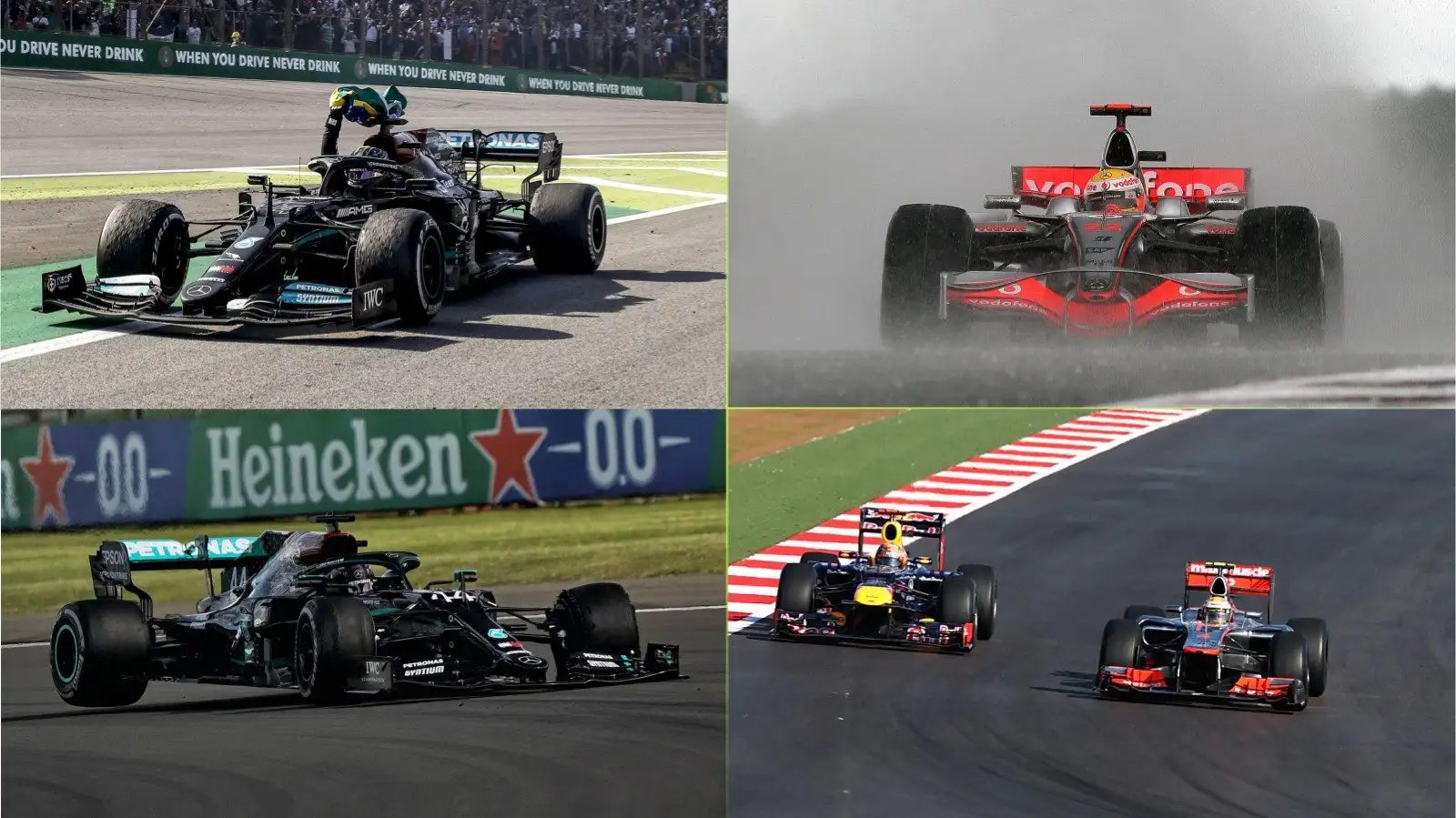 Lewis Hamilton winning different races during his long F1 career.