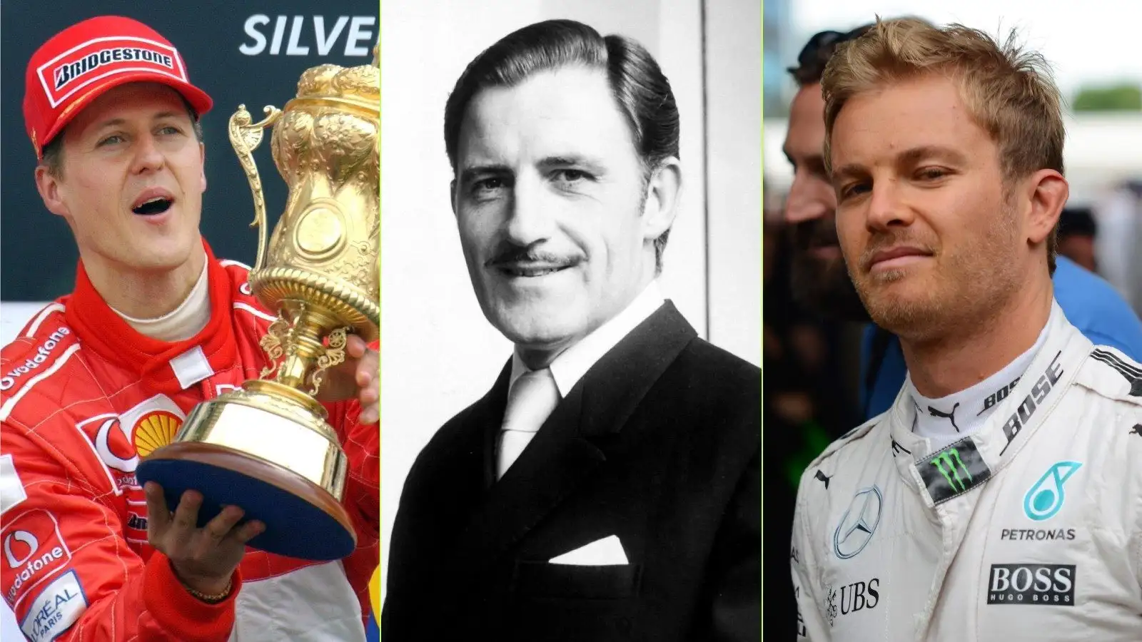 A side-by-side shot of Michael Schumacher, Graham Hill and Nico Rosberg