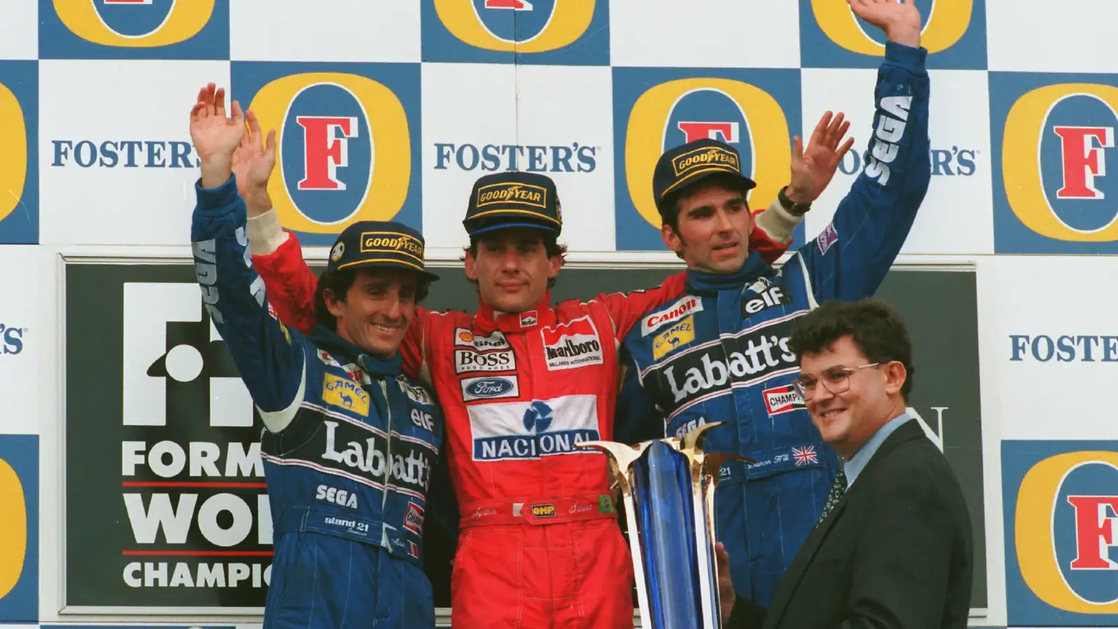 Ayrton Senna and Alain Prost pictured on the podium at the 1993 Australian Grand Prix.