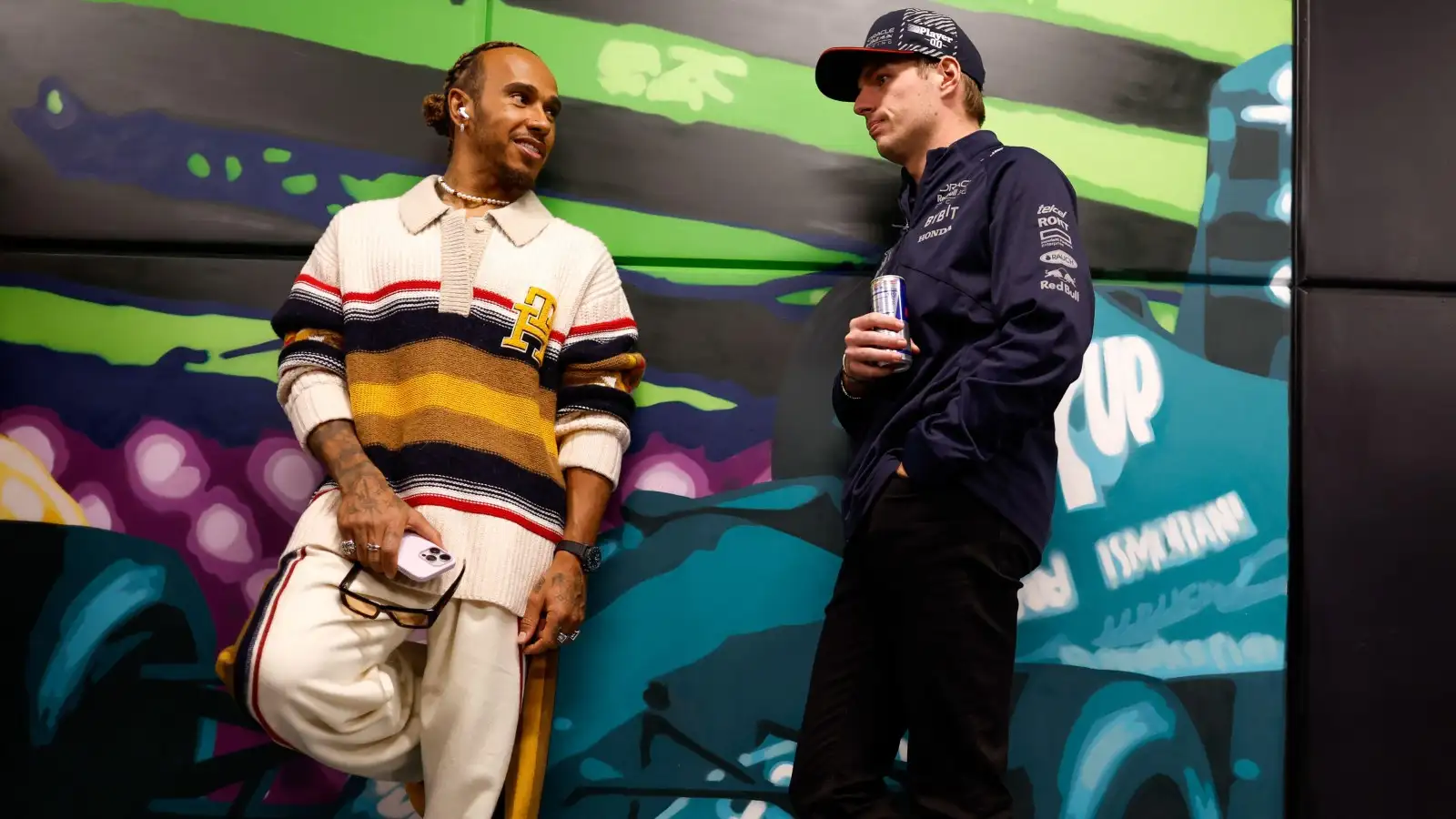 Lewis Hamilton and Max Verstappen have a chat in Las Vegas.