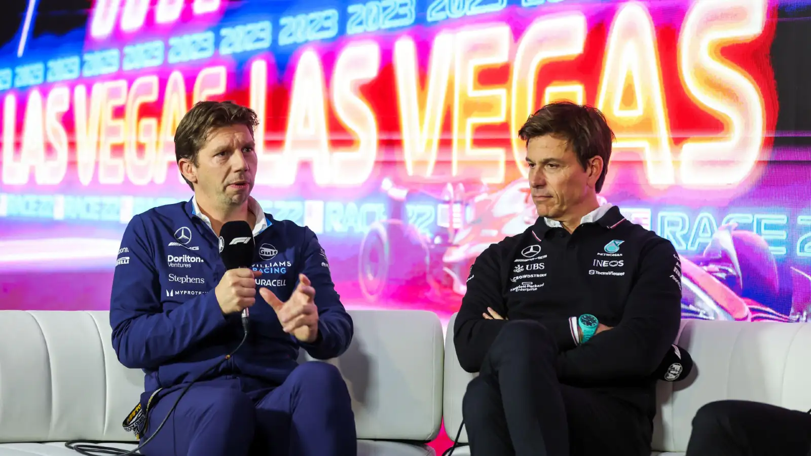 James Vowles, Toto Wolff at the press conference at the 2023 Las Vegas Grand Prix.