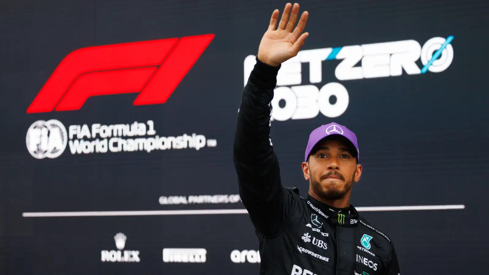 Lewis Hamilton, Mercedes F1 driver, in the paddock at the 2023 Australian Grand Prix.