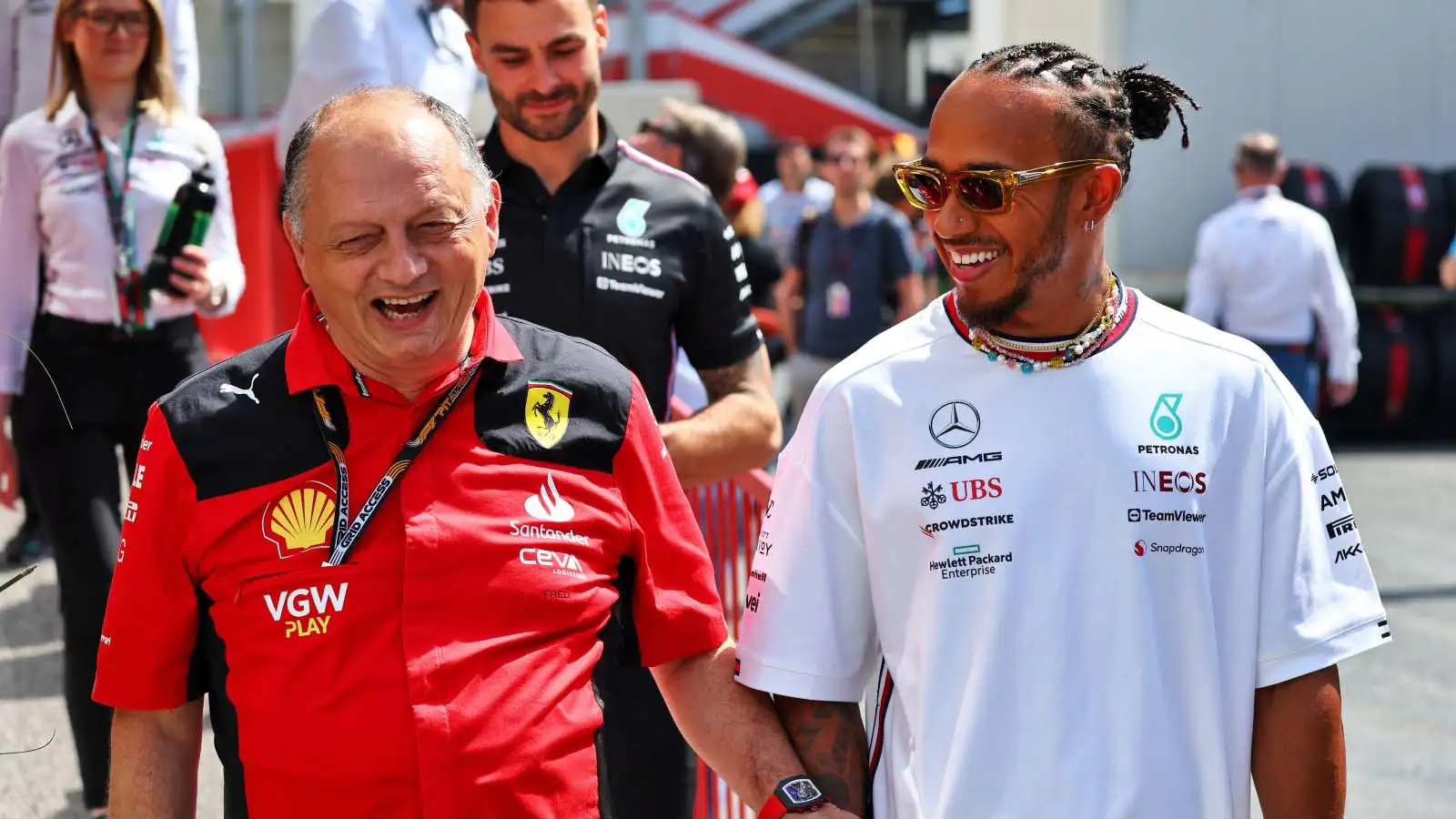 Lewis Hamilton with Ferrari team principal Fred Vasseur.