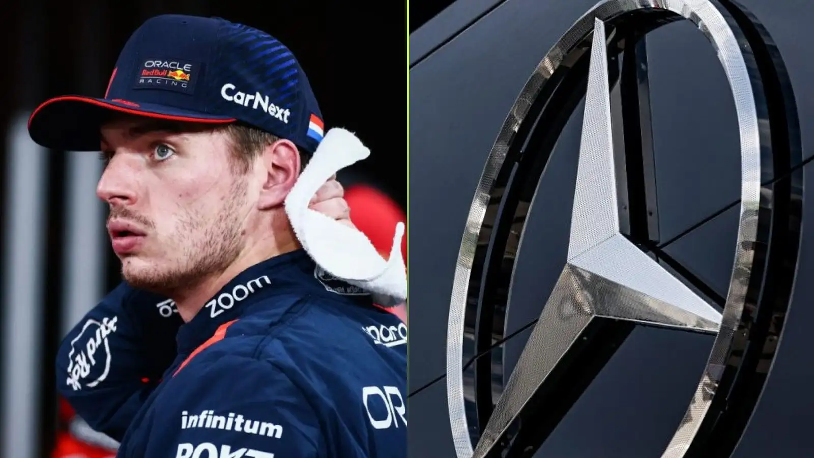 Max Verstappen next to the Mercedes logo.