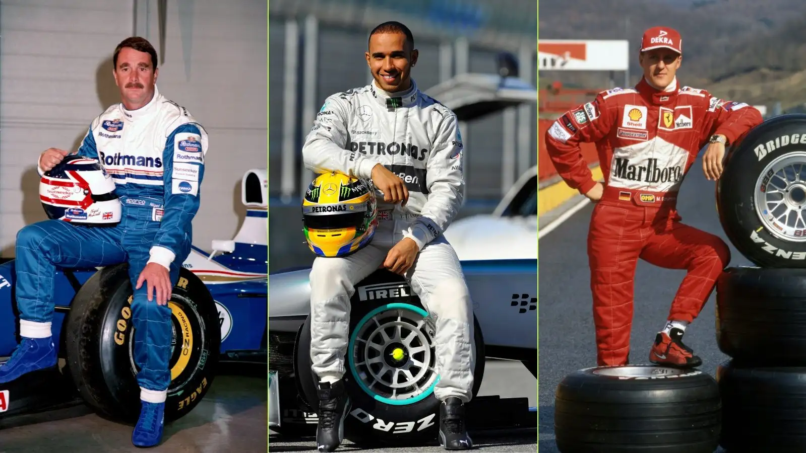 Nigel Mansell, Lewis Hamilton and Michael Schumacher