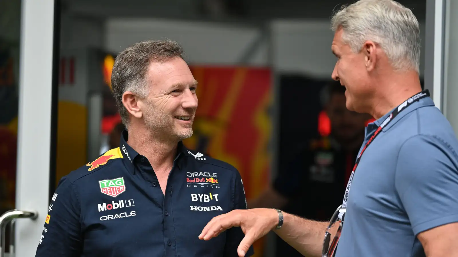 Red Bull's Christian Horner pictured with David Coulthard at the 2023 Miami Grand Prix.