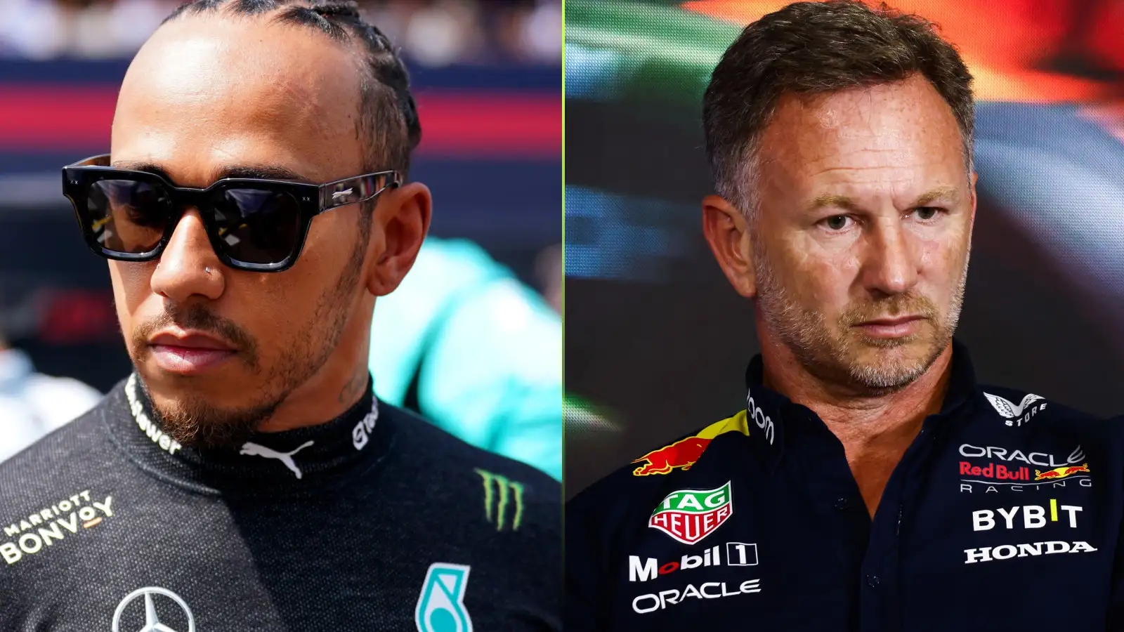 Lewis Hamilton and Christian Horner, cpitured alongside each other.