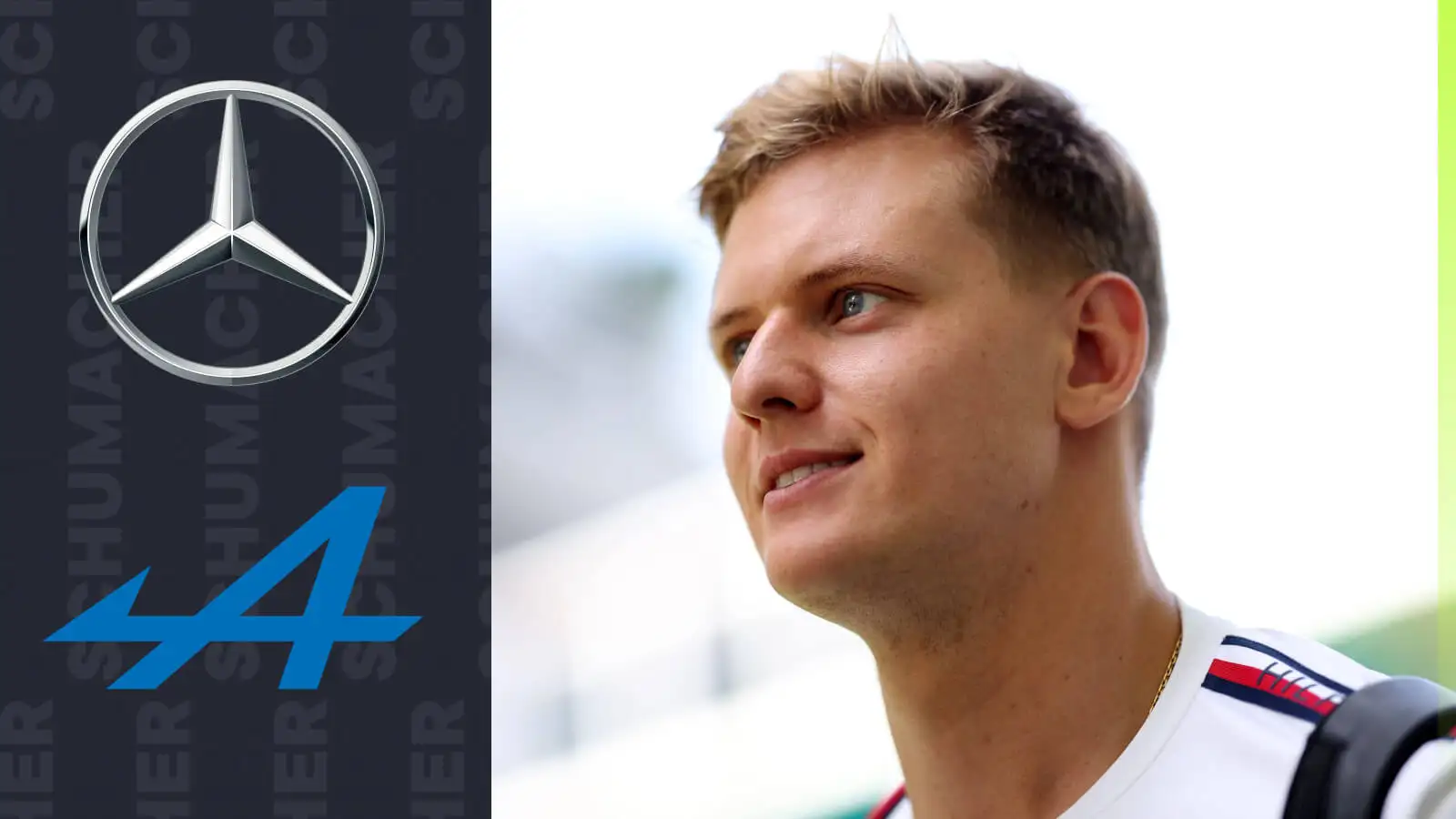 A close-up image of Mick Schumacher with prominent Mercedes and Alpine badges alongside him.