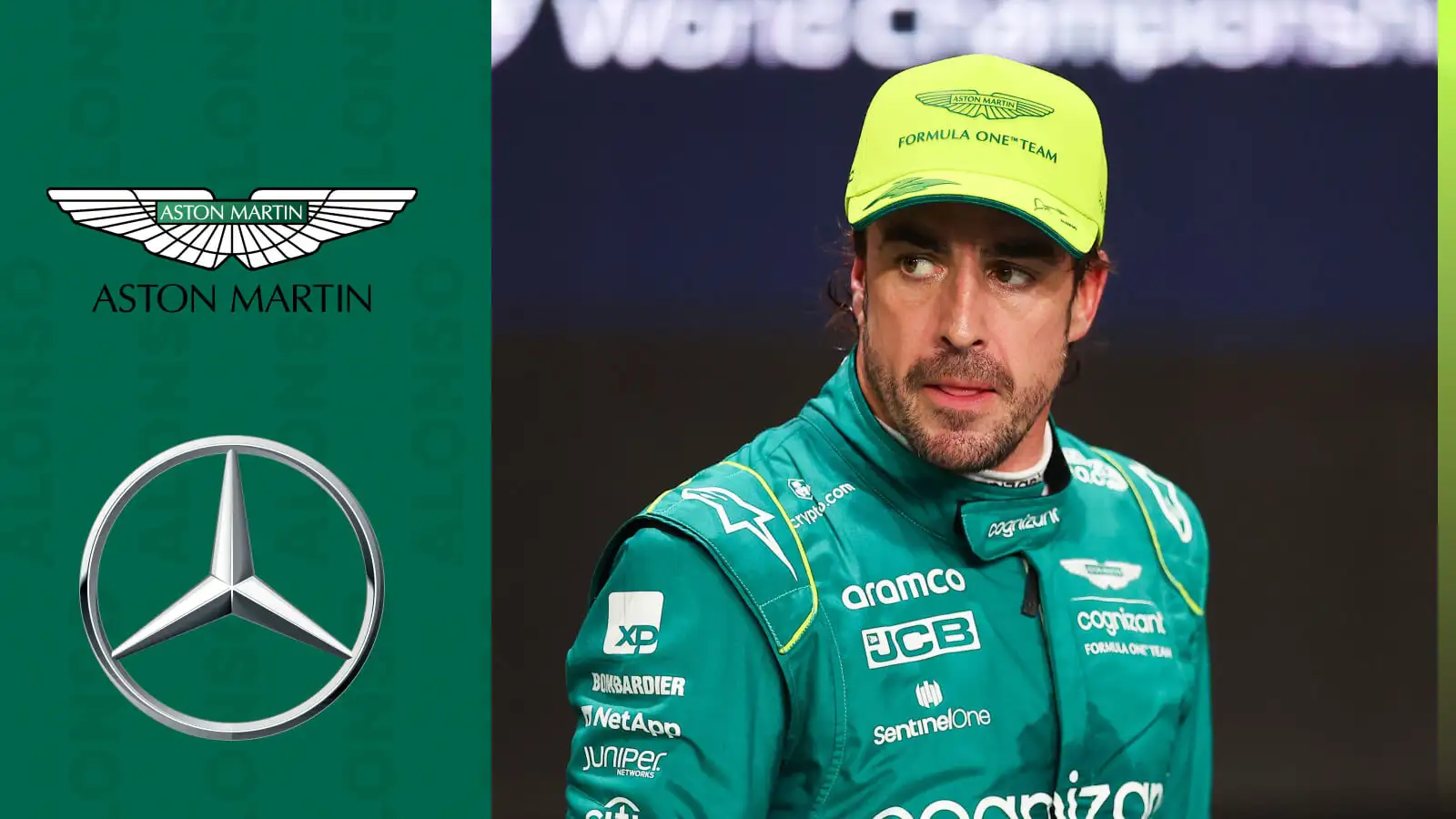 Fernando Alonso with prominent Aston Martin and Mercedes badges alongside him.