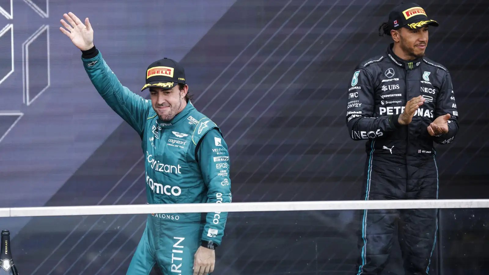 Fernando Alonso and Lewis Hamilton on the podium at Montreal 2023.