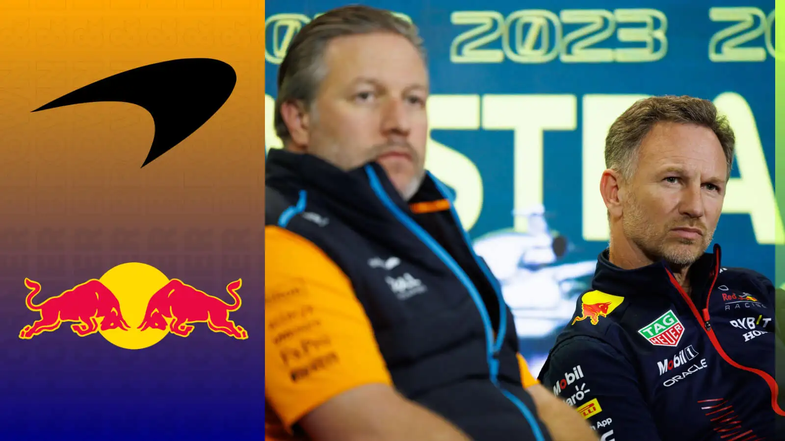 Zak Brown and Christian Horner in an FIA press conference with prominent badges of McLaren and Red Bull alongside them.