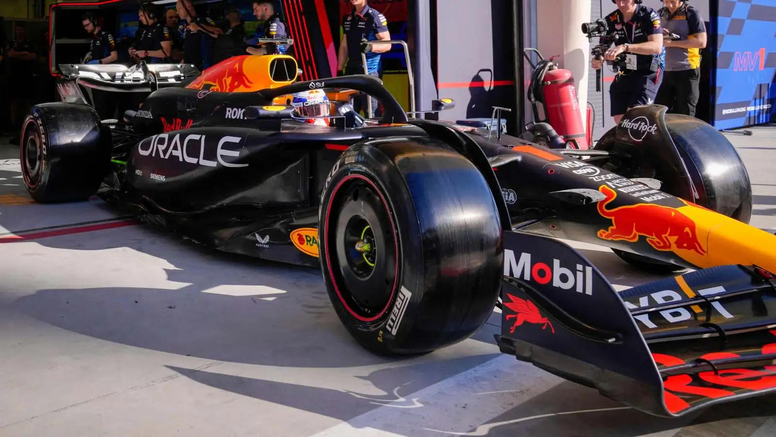 Max Verstappen leaves the garage in F1 testing.