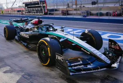 George Russell at the wheel of the Mercedes W15 in Bahrain testing.