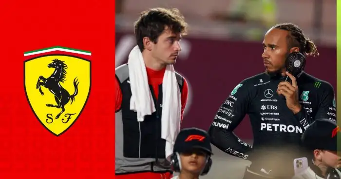 Charles Leclerc and Lewis Hamilton look at each other eye to eye with a prominent Ferrari badge alongside them