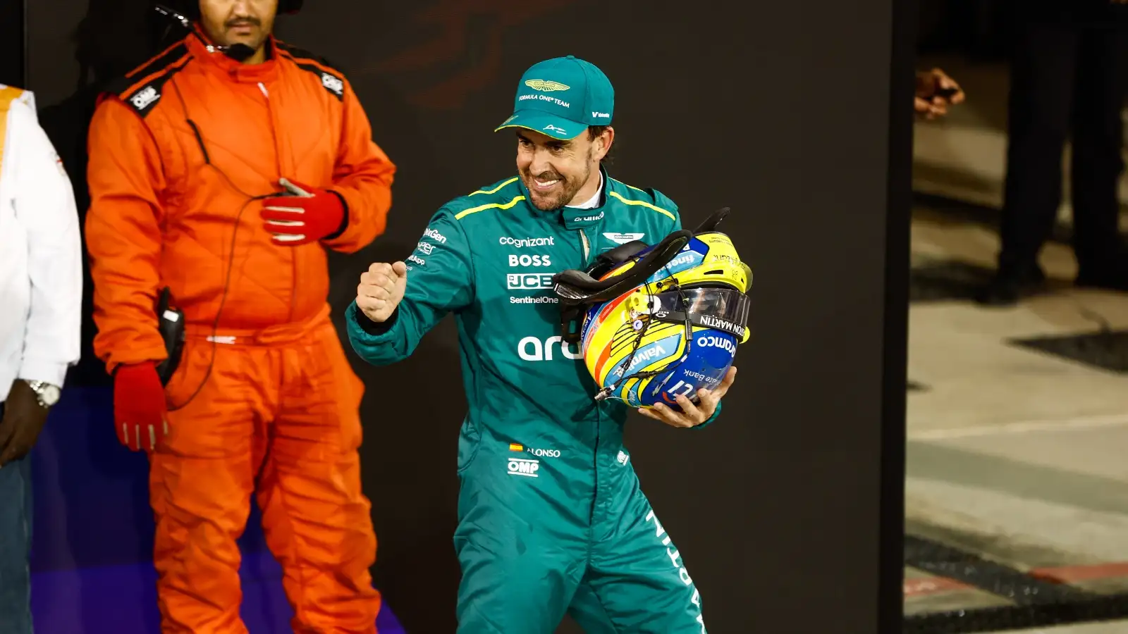 Fernando Alonso, Aston Martin F1 Team, in Parc Ferme after Qualifying