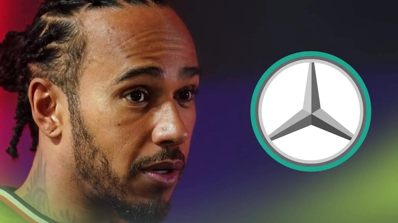 Lewis Hamilton speaks to the media at the 2024 Bahrain Grand Prix with a prominent Mercedes badge alongside him