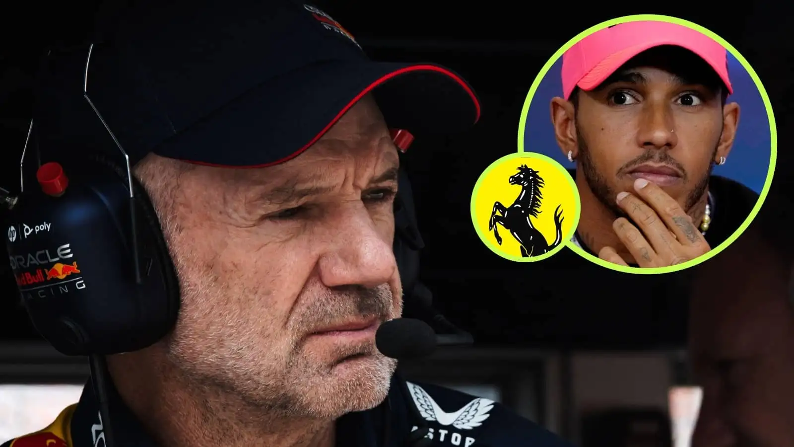 Adrian Newey looks on from the Red Bull pit wall with Lewis Hamilton and the Prancing Horse logo of Ferrari in small circles