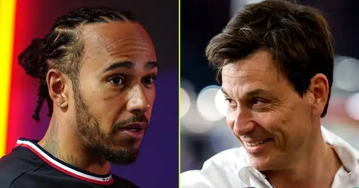 A split image of Lewis Hamilton looking shocked and Toto Wolff smiling