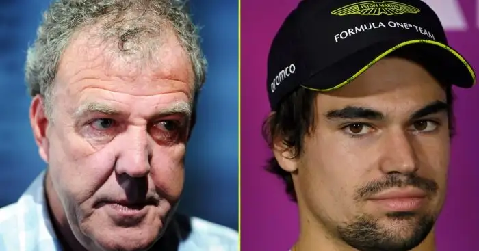 A two-way split image of Jeremy Clarkson looking sheepish and Lance Stroll looking confused