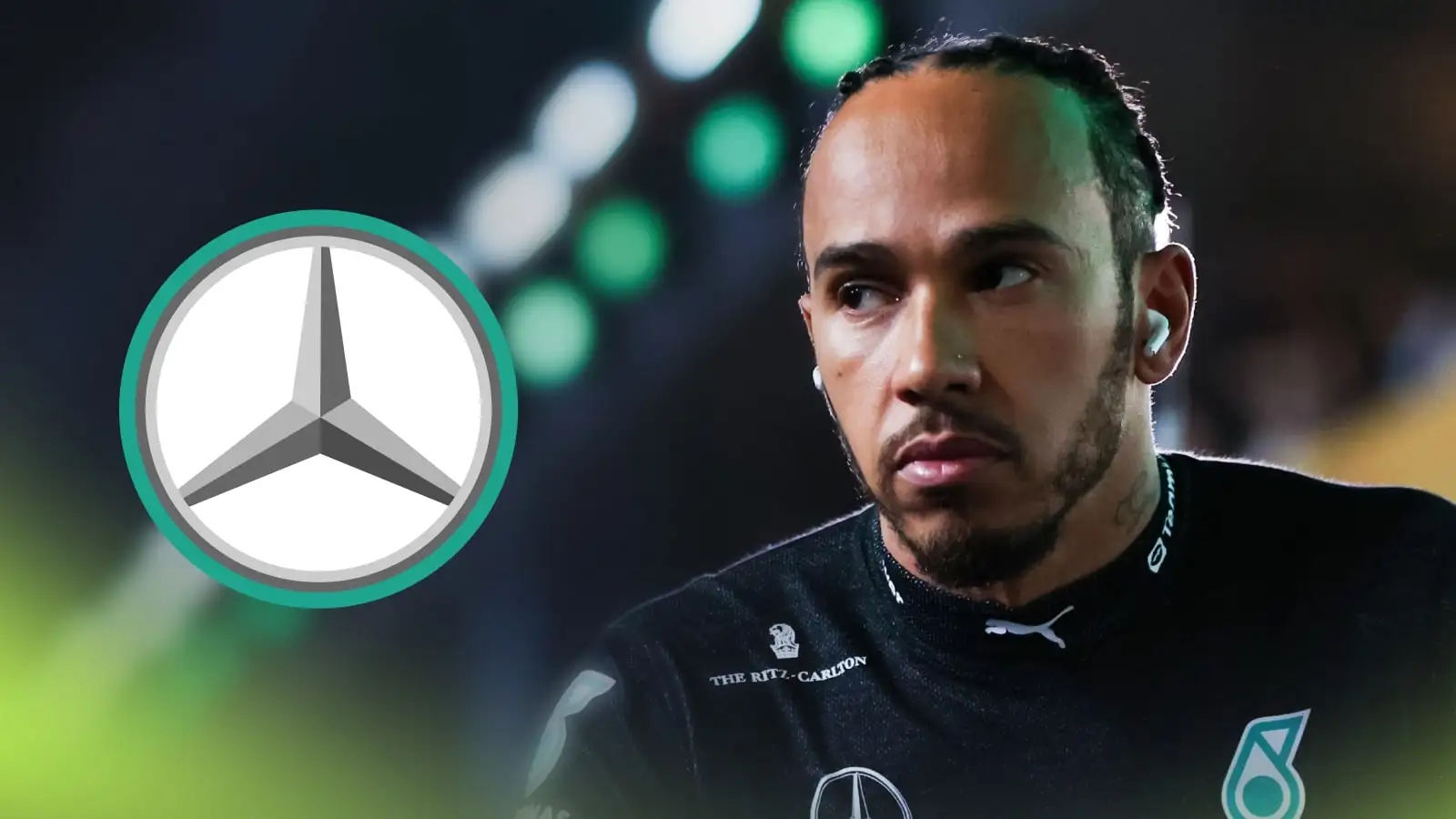 Lewis Hamilton looks tense ahead of the 2024 Saudi Arabian Grand Prix with a prominent Mercedes badge alongside him